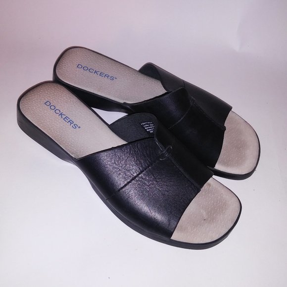 Dockers Sandal Daytona Womens Size 7M Black Leather Upper Slip On Slides Open To - Picture 2 of 16